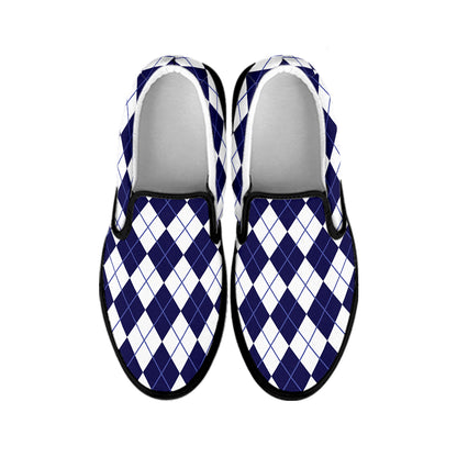 Navy Blue And White Argyle Pattern Print Black Slip On Shoes