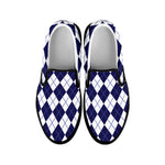 Navy Blue And White Argyle Pattern Print Black Slip On Shoes