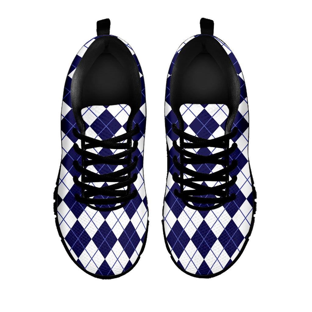 Navy Blue And White Argyle Pattern Print Black Sneakers