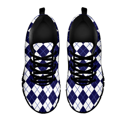 Navy Blue And White Argyle Pattern Print Black Sneakers