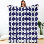 Navy Blue And White Argyle Pattern Print Blanket