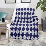 Navy Blue And White Argyle Pattern Print Blanket