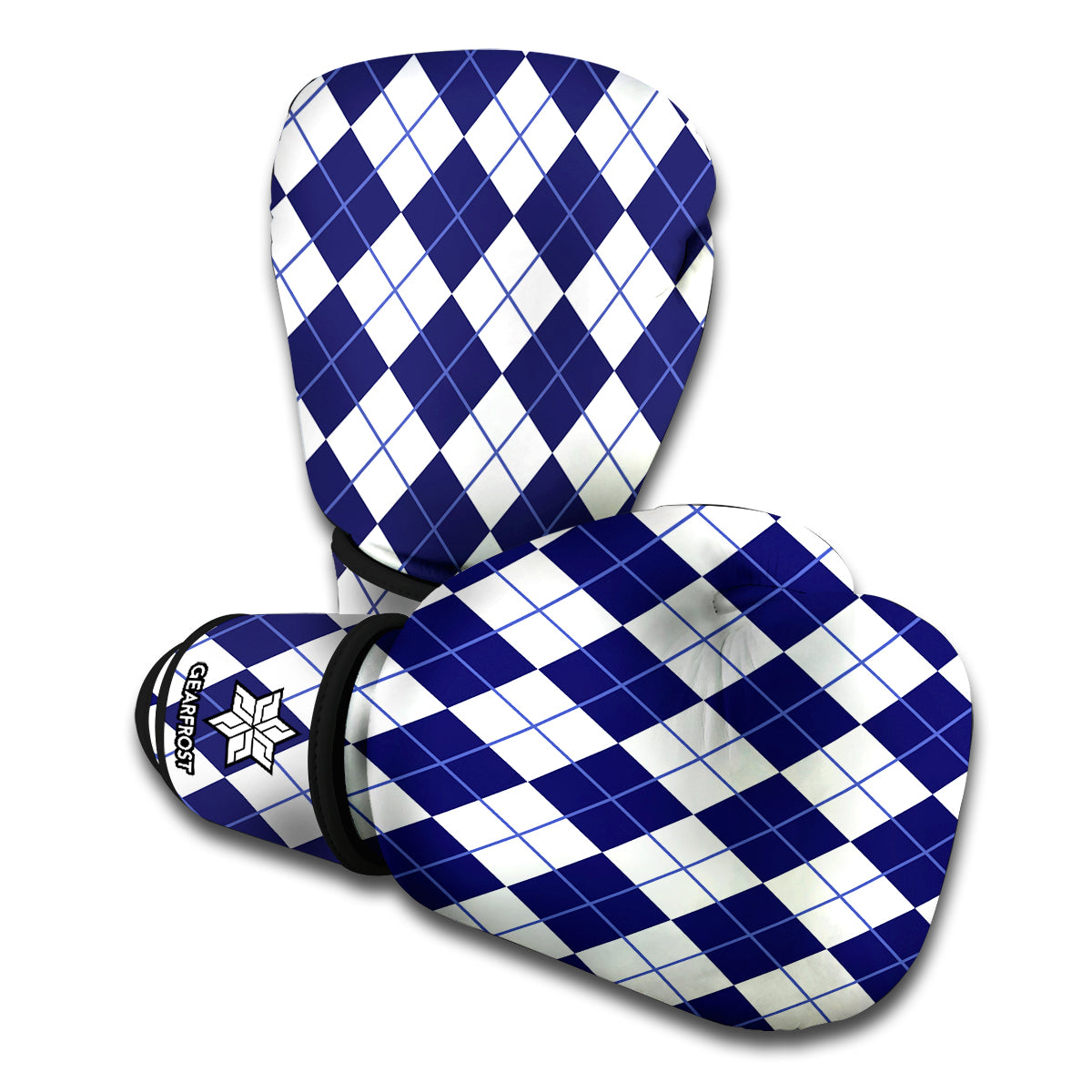 Navy Blue And White Argyle Pattern Print Boxing Gloves