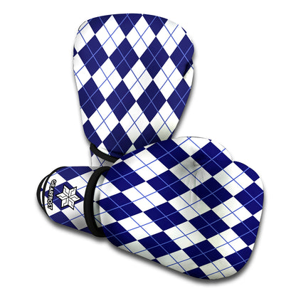 Navy Blue And White Argyle Pattern Print Boxing Gloves