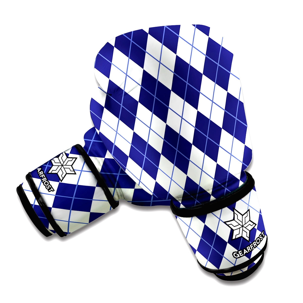 Navy Blue And White Argyle Pattern Print Boxing Gloves
