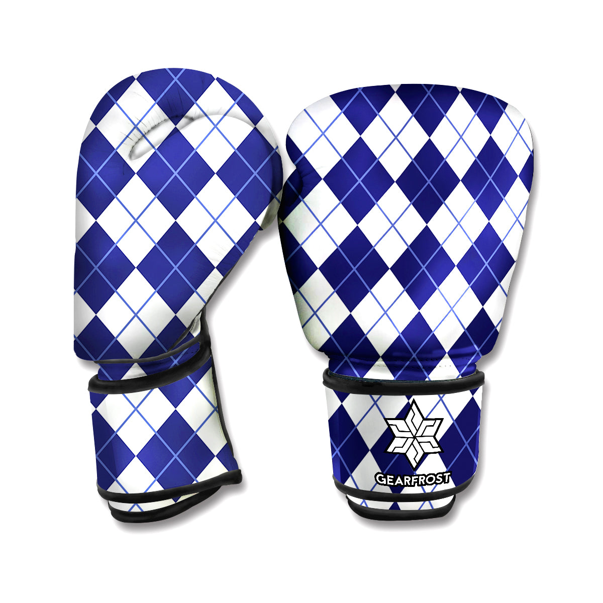 Navy Blue And White Argyle Pattern Print Boxing Gloves