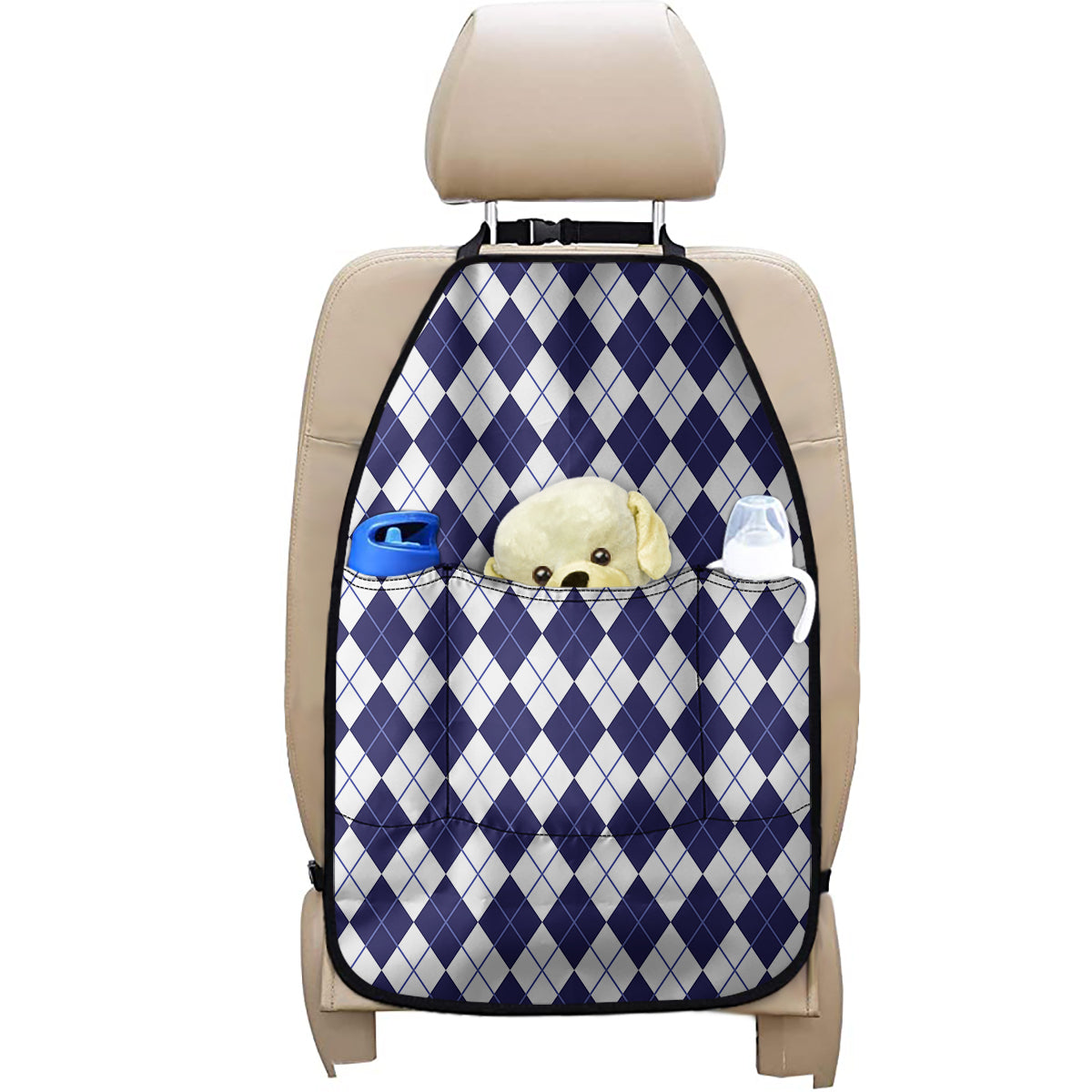 Navy Blue And White Argyle Pattern Print Car Seat Organizers