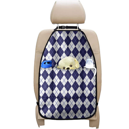 Navy Blue And White Argyle Pattern Print Car Seat Organizers