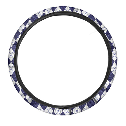 Navy Blue And White Argyle Pattern Print Car Steering Wheel Cover