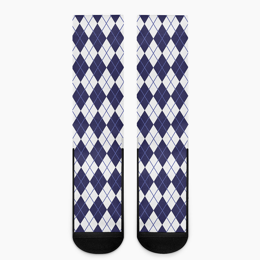Navy Blue And White Argyle Pattern Print Crew Socks