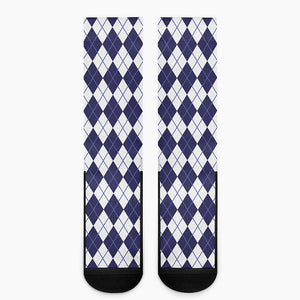 Navy Blue And White Argyle Pattern Print Crew Socks