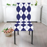 Navy Blue And White Argyle Pattern Print Dining Chair Slipcover