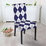 Navy Blue And White Argyle Pattern Print Dining Chair Slipcover