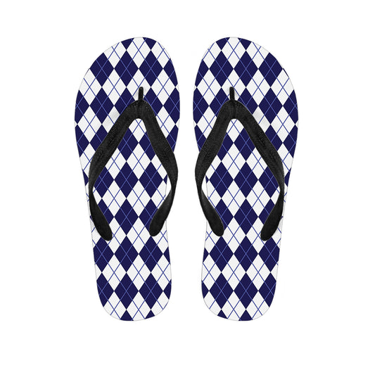 Navy Blue And White Argyle Pattern Print Flip Flops