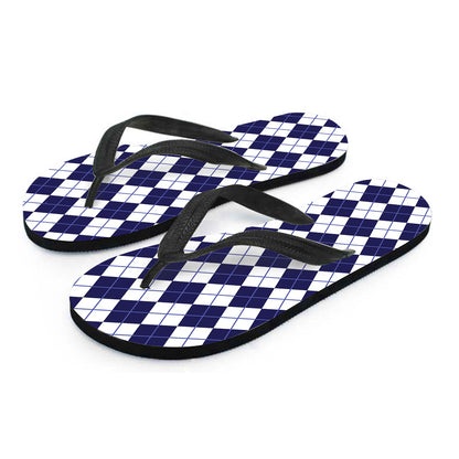 Navy Blue And White Argyle Pattern Print Flip Flops