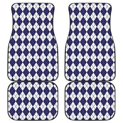 Navy Blue And White Argyle Pattern Print Front and Back Car Floor Mats