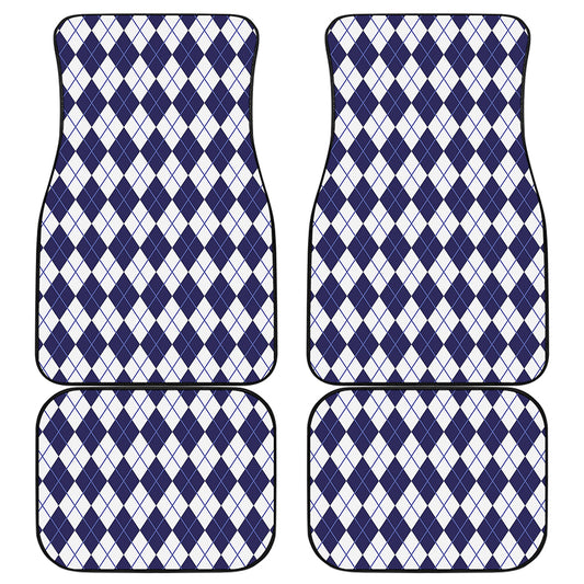 Navy Blue And White Argyle Pattern Print Front and Back Car Floor Mats