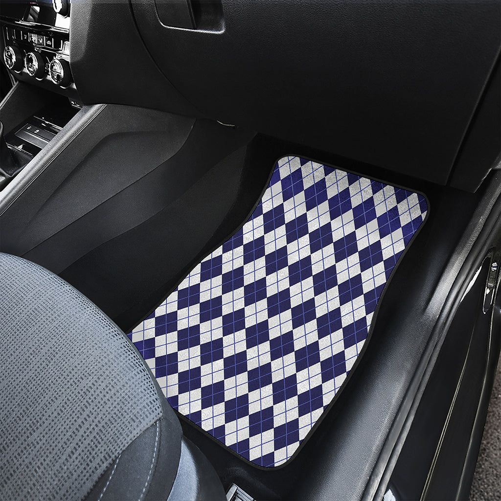 Navy Blue And White Argyle Pattern Print Front and Back Car Floor Mats