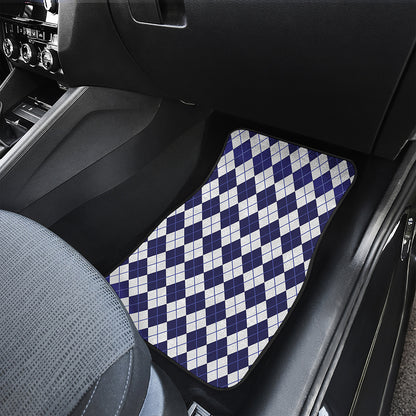 Navy Blue And White Argyle Pattern Print Front and Back Car Floor Mats
