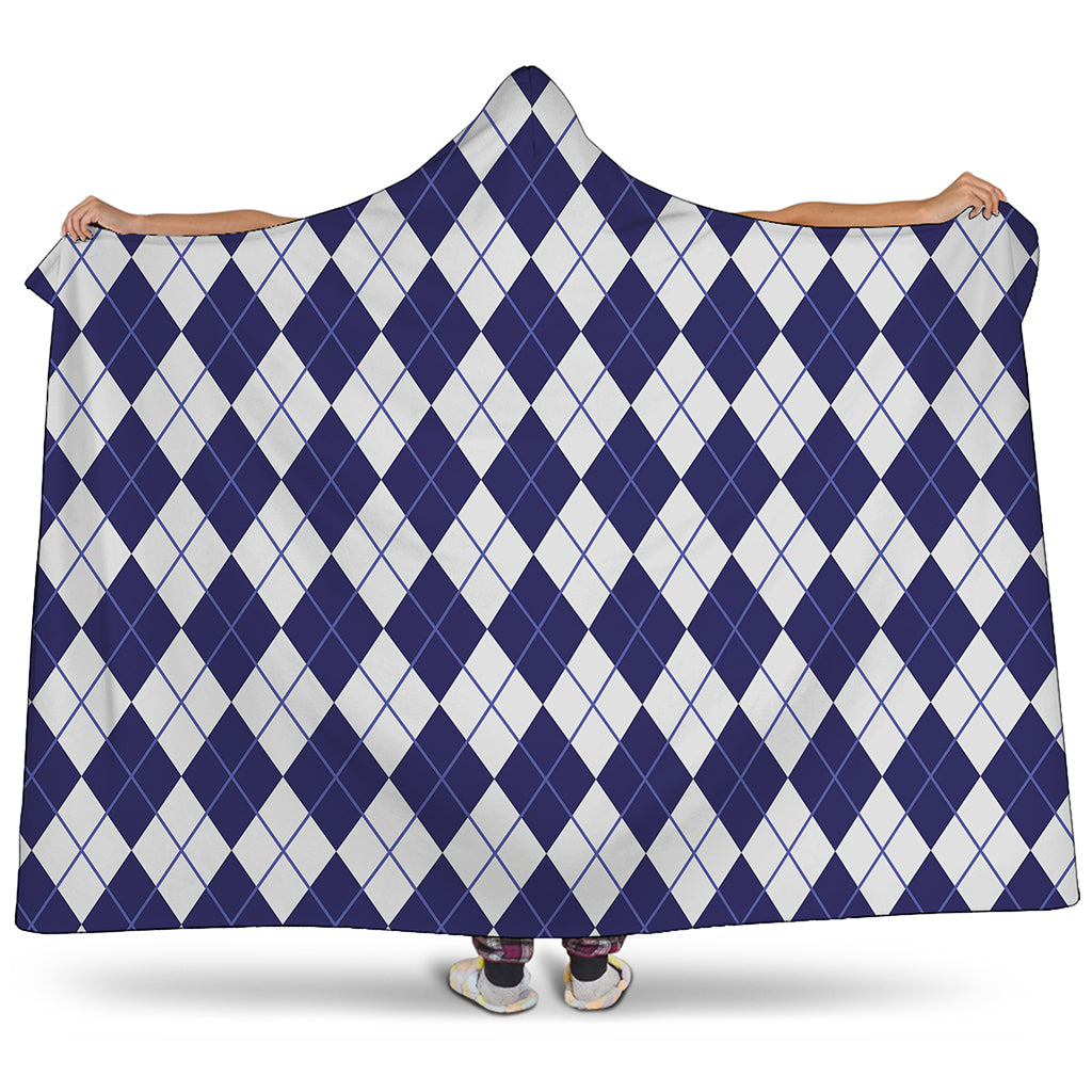 Navy Blue And White Argyle Pattern Print Hooded Blanket