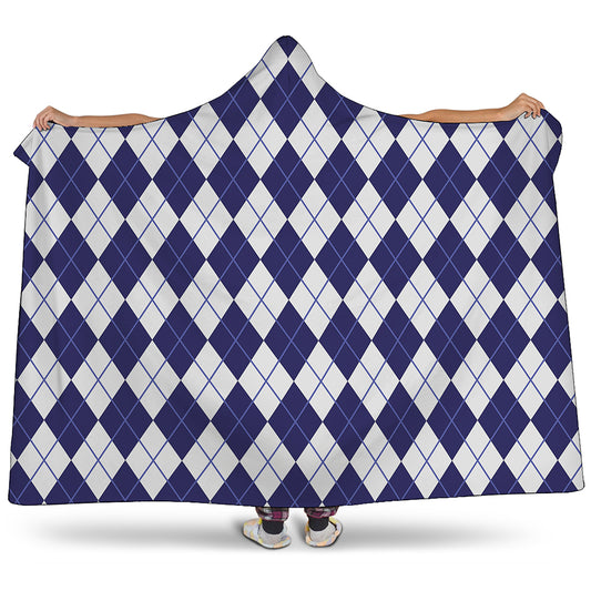 Navy Blue And White Argyle Pattern Print Hooded Blanket