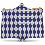 Navy Blue And White Argyle Pattern Print Hooded Blanket