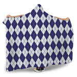 Navy Blue And White Argyle Pattern Print Hooded Blanket