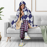 Navy Blue And White Argyle Pattern Print Hooded Blanket