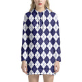 Navy Blue And White Argyle Pattern Print Pullover Hoodie Dress