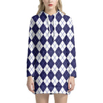 Navy Blue And White Argyle Pattern Print Hoodie Dress