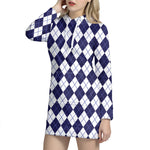 Navy Blue And White Argyle Pattern Print Hoodie Dress