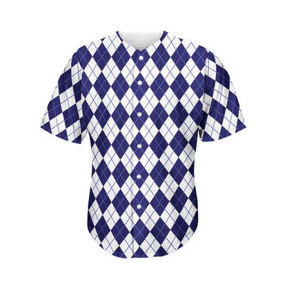 Navy Blue And White Argyle Pattern Print Men's Baseball Jersey