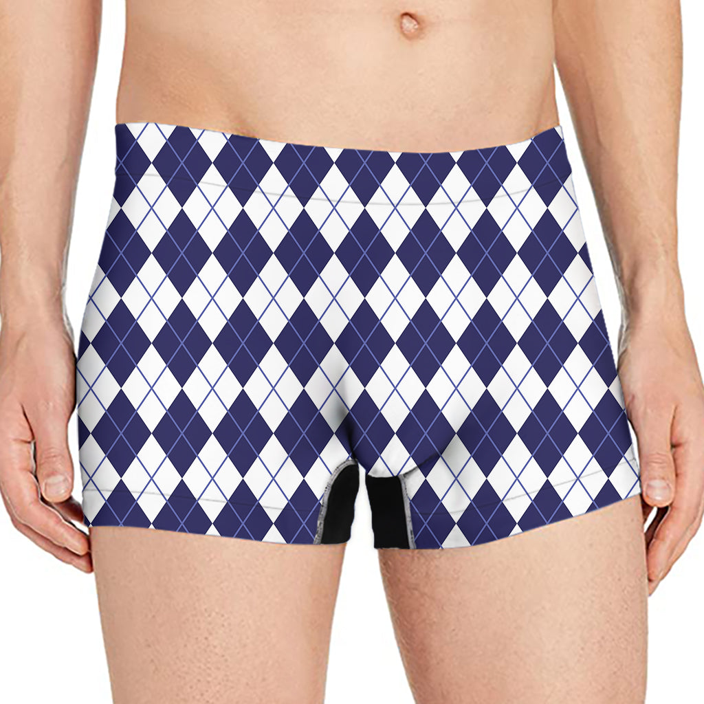 Navy Blue And White Argyle Pattern Print Men's Boxer Briefs