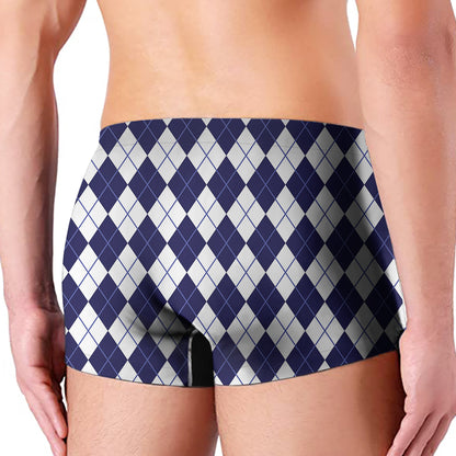 Navy Blue And White Argyle Pattern Print Men's Boxer Briefs