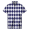 Navy Blue And White Argyle Pattern Print Men's Short Sleeve Shirt