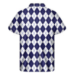 Navy Blue And White Argyle Pattern Print Men's Short Sleeve Shirt