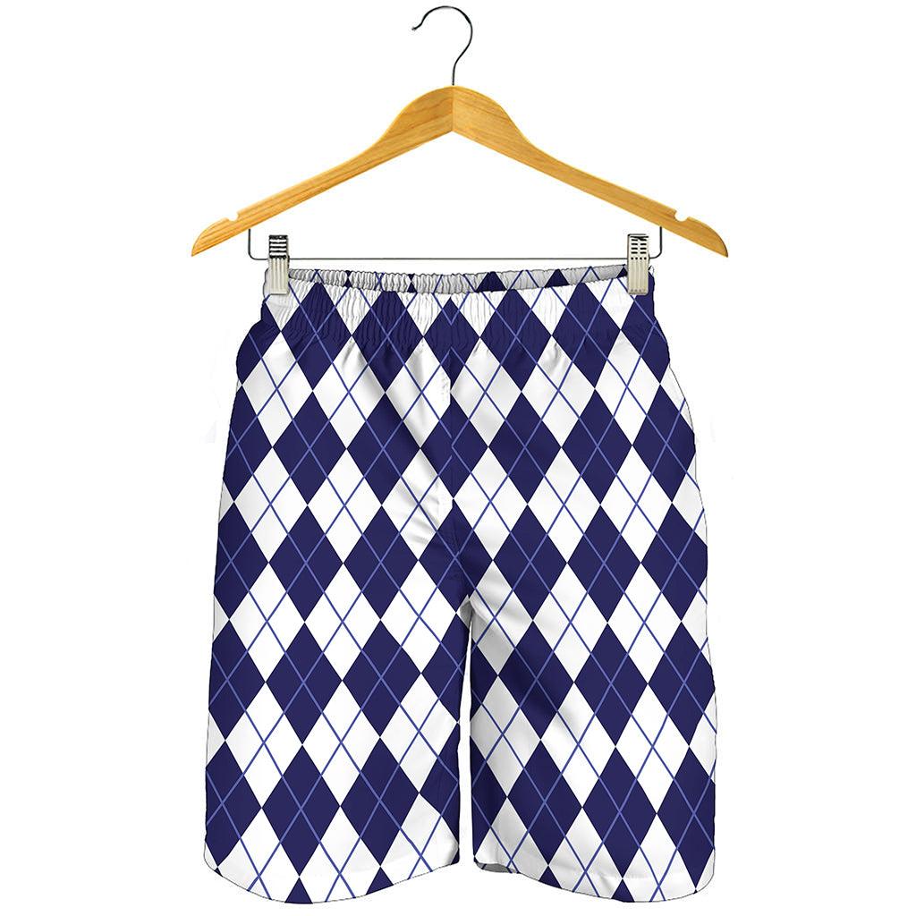 Navy Blue And White Argyle Pattern Print Men's Shorts