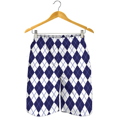 Navy Blue And White Argyle Pattern Print Men's Shorts