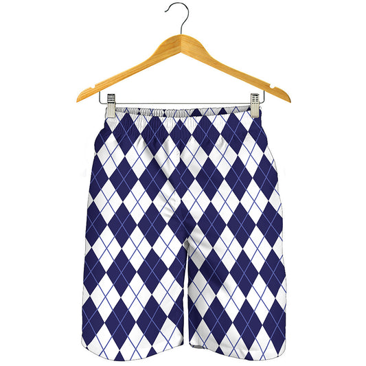 Navy Blue And White Argyle Pattern Print Men's Shorts