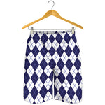 Navy Blue And White Argyle Pattern Print Men's Shorts
