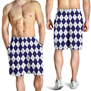 Navy Blue And White Argyle Pattern Print Men's Shorts