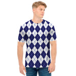 Navy Blue And White Argyle Pattern Print Men's T-Shirt