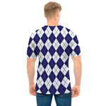 Navy Blue And White Argyle Pattern Print Men's T-Shirt