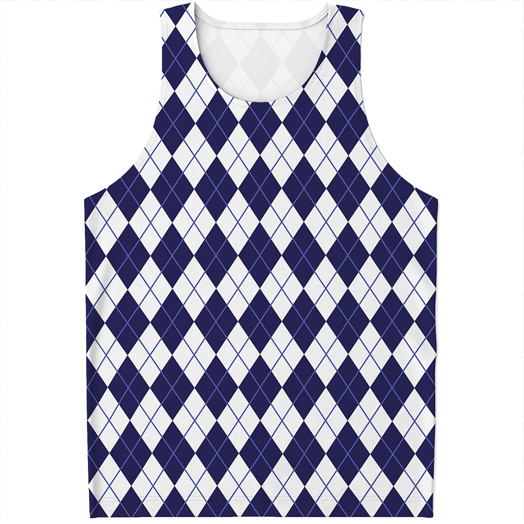 Navy Blue And White Argyle Pattern Print Men's Tank Top