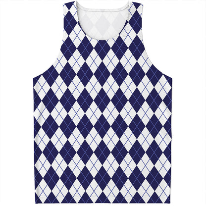 Navy Blue And White Argyle Pattern Print Men's Tank Top