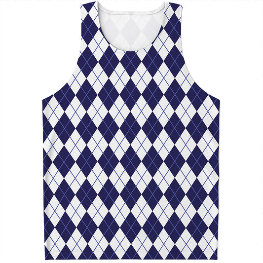 Navy Blue And White Argyle Pattern Print Men's Tank Top