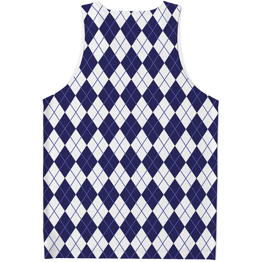 Navy Blue And White Argyle Pattern Print Men's Tank Top