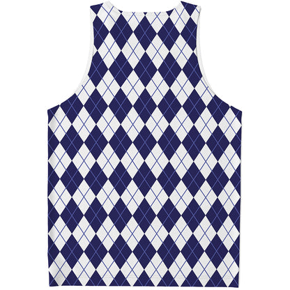 Navy Blue And White Argyle Pattern Print Men's Tank Top
