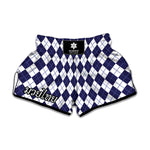 Navy Blue And White Argyle Pattern Print Muay Thai Boxing Shorts