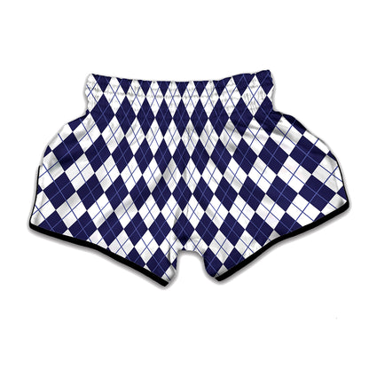 Navy Blue And White Argyle Pattern Print Muay Thai Boxing Shorts